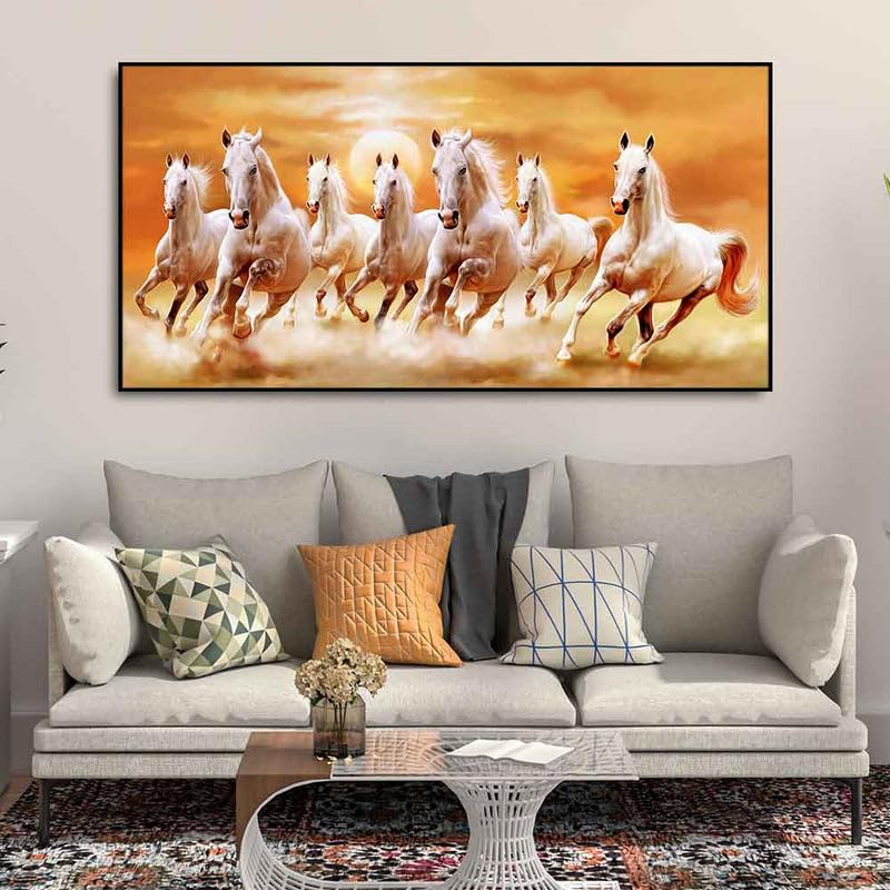 Image of Wall Melody Beautiful Seven Running Horses Canvas Big Wall Painting Floating Frame Wall Paintings for Home and Office Decor Size : 24x48 Inches