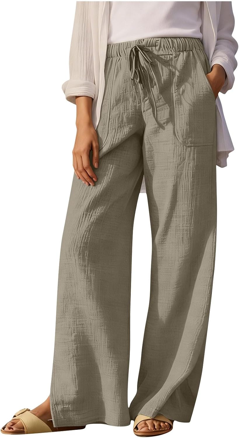 Wide Leg Pants Women 2026 Fashion Summer Palazzo Pants Beach Vacation Trousers with Pockets Breathable Faux Linen Pant