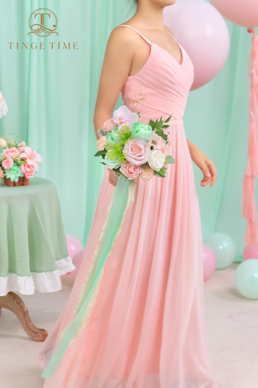 TINGE TIME 7 Inch Artificial Flowers Wedding Bouquets for Bridesmaid, Set of 4, Mint Green & Pink Bride Tossing Bouquet for Rustic Wedding Ceremony Bridal Shower Rehearsal Dinner Vintage Party
