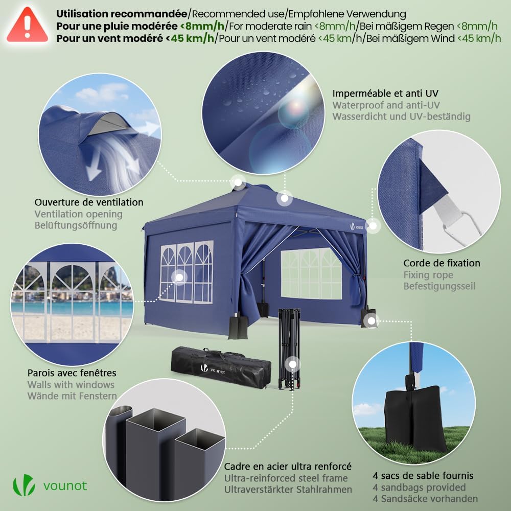 Detailed diagram highlighting key features of the VOUNOT Pop-up Gazebo: waterproof and anti-UV canopy, ventilation opening, fixing ropes, walls with windows, ultra-reinforced steel frame, and four included sandbags.
