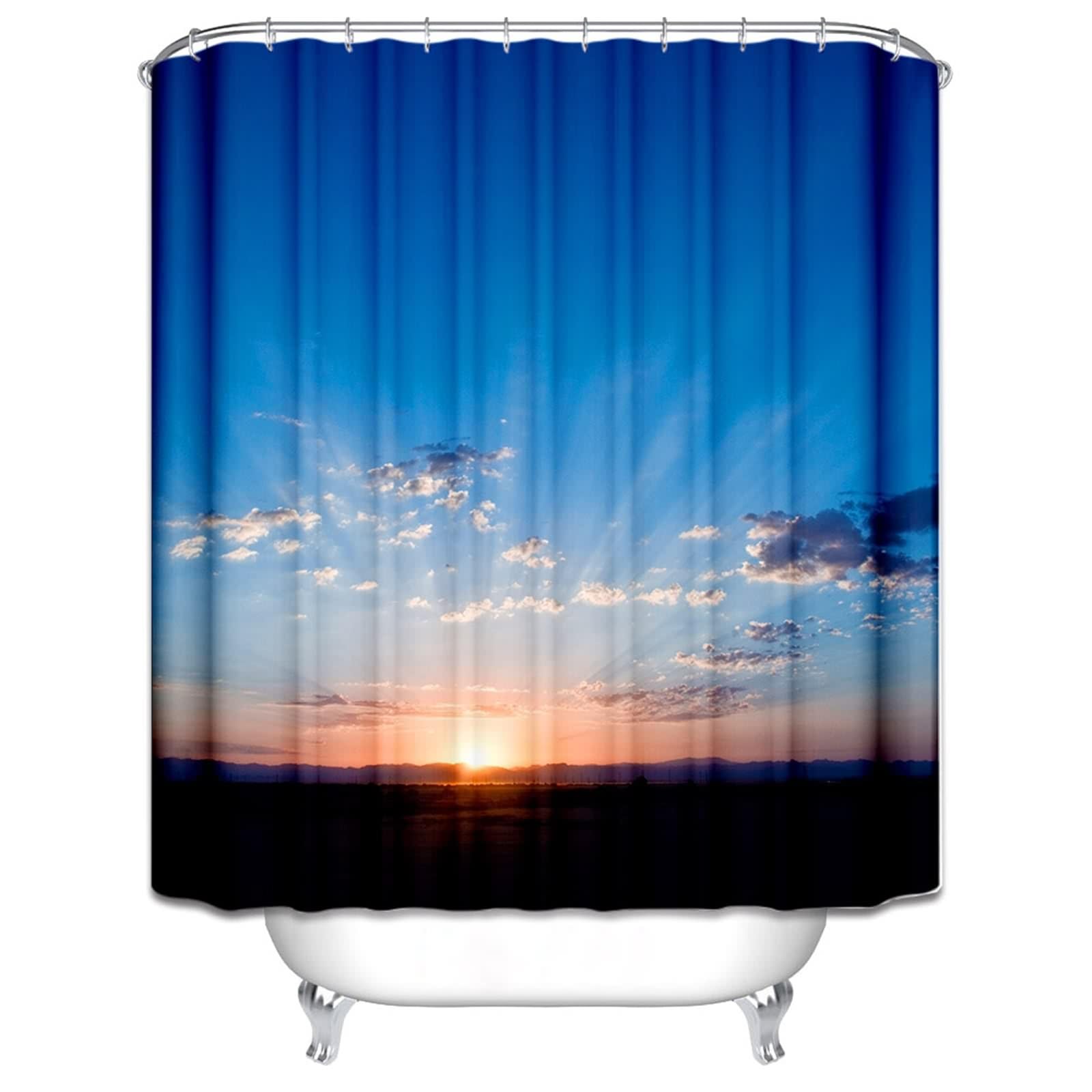 Rideau de douche bleu et blanc 180x180cm motif lever du soleil pour baignoire