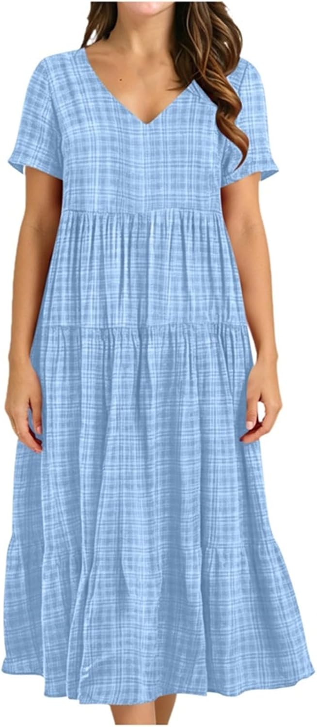 Women V Neck Maxi Dress Casual Short Sleeve Tiered Summer Dresses Flowy Loose Fit Pleated Boho Vacation Swing Dress