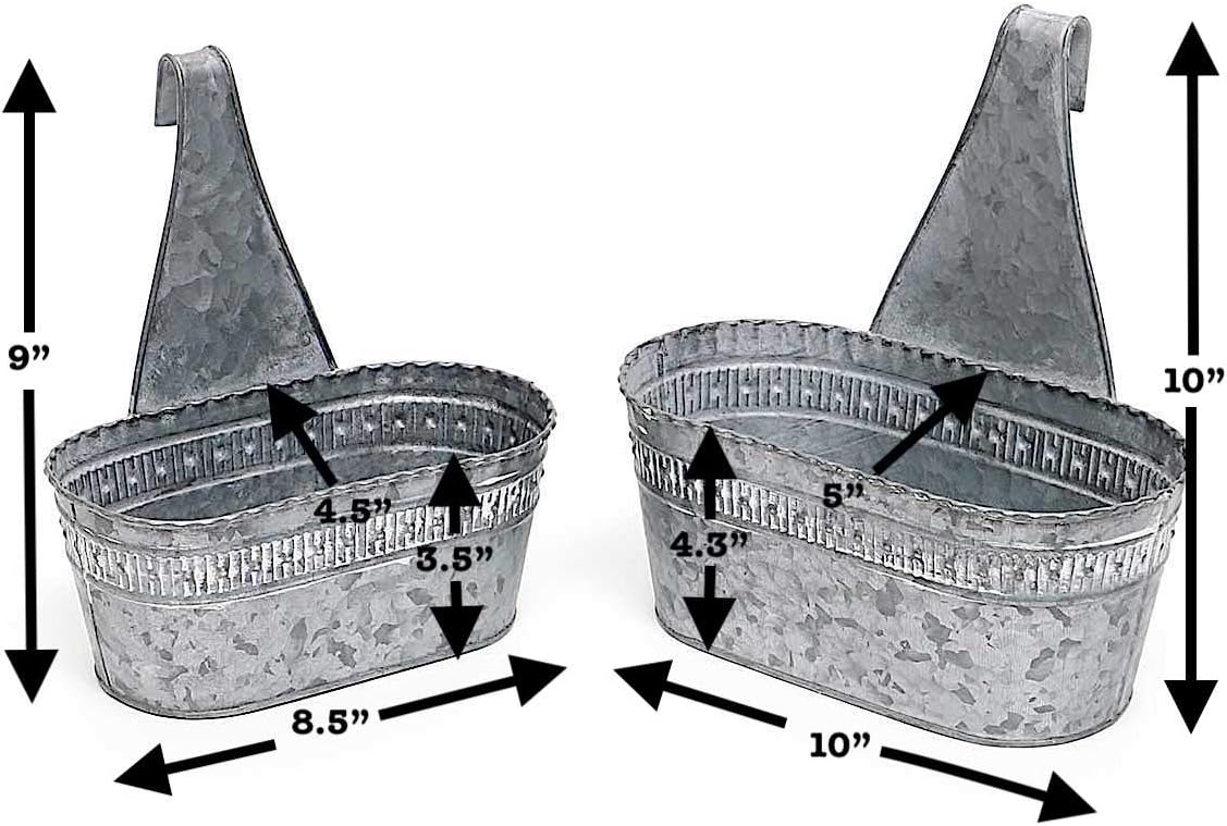 S/2 Galvanized Metal Hanging Planters Oval Bucket Pots for Fence Balcony Porch Deck Railing Farmhouse Indoor Outdoor Flower Herb Succulent Containers Silver 10" & 8.5" W