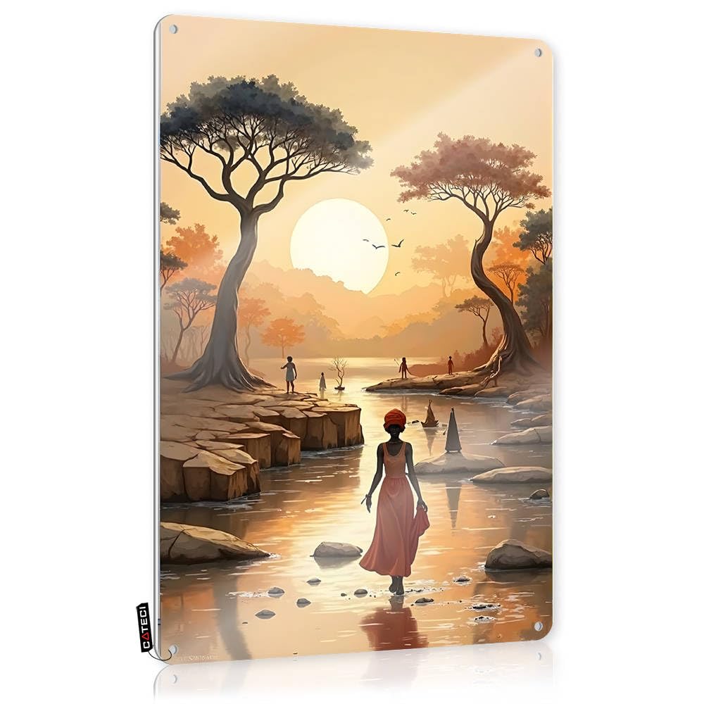 Fzfn Men's Colour Funny Vintage Signs Humorous Fall Door Decorations Home Decor - Sunset Serenity: A Woman In Orange By The River Accessory Rustic Style Artwork For Slow(30X40cm)