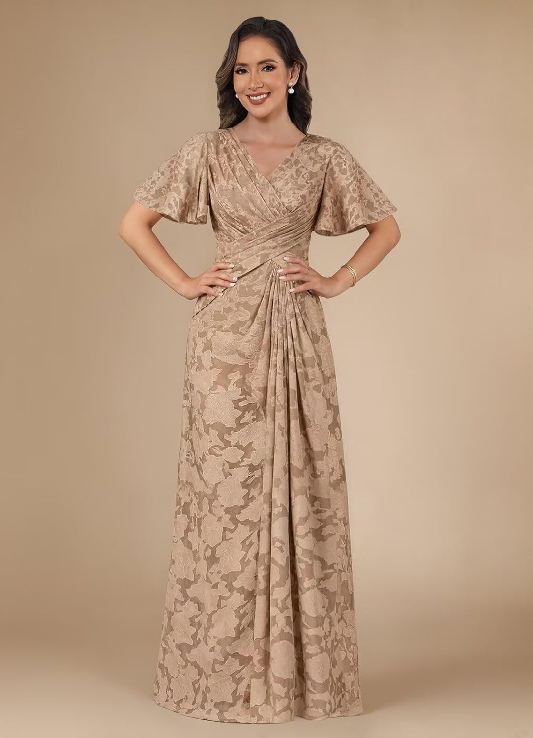 Lace Mother of The Bride Dresses for Women Modest V-Neck Ruched Formal Wedding Guest Dress with Sleeves - Image 2