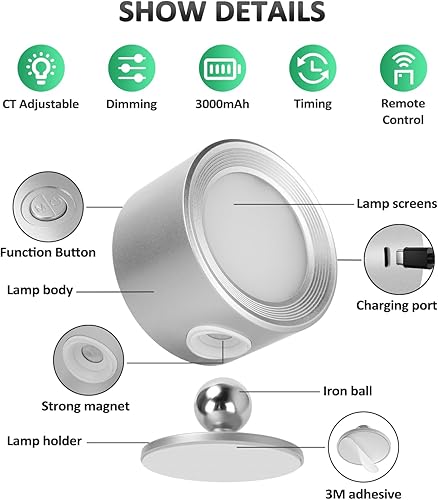 Miniatura 6 de Lightbiz LED Reading Lights, Wall Lights Sconces with Remote Rechargeable Battery Operated, 3 Color Temperatures & Dimmable Light Magnetic Ball Luz