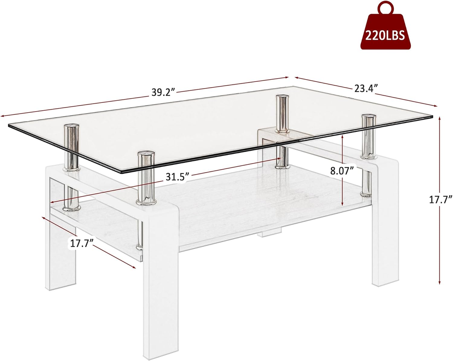 Modern Rectangle Glass Coffee Table for Living Room, 2-Tier End Table with Smoked Tempered Glass, Wooden Lower Shelf, Stainless Steel Support Pillars & Metal Legs, Brown Light Natural White