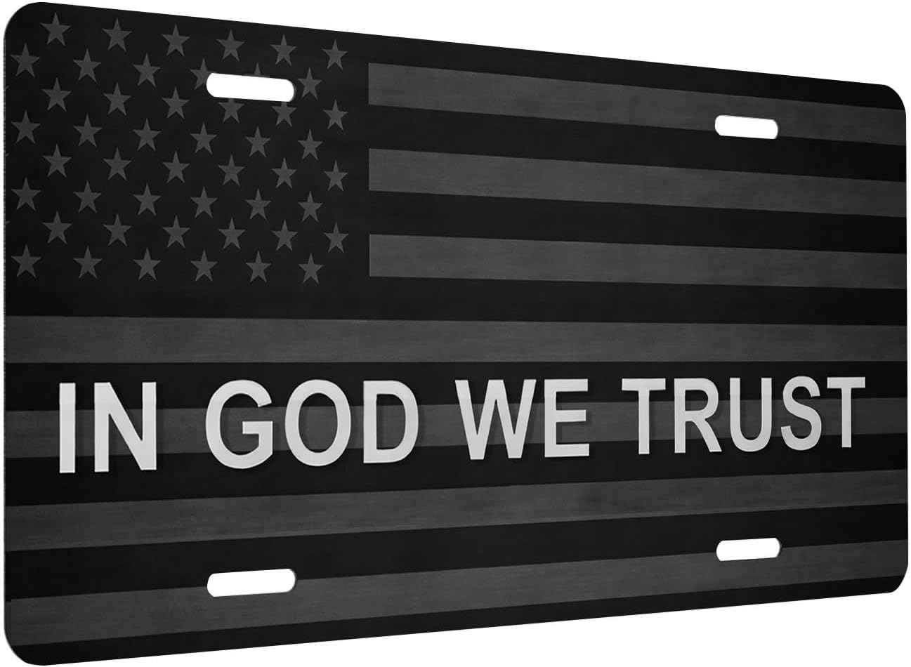American Flag Front License Plate for Women Black White Christian Patriot Faith Car Vanity Plates Decorative Aluminum Metal Cute Novelty License Plate Cover for Men 6x12 Inch (4 Holes)