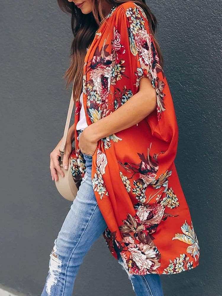 Ivay Womens Floral Kimono Duster Cardigans Short Sleeve Draped Oversized Beach Cover Up Cape - Image 5