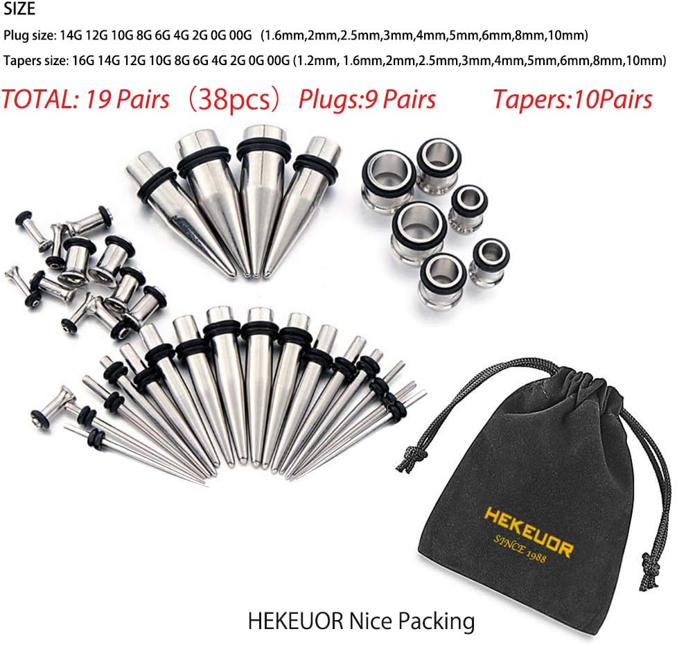 HEKEUOR 38PCS 16g-00g Surgical Steel Ear Stretching Kit Tunnels and Tapers Set