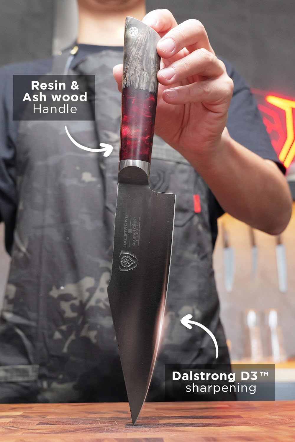 Dalstrong Santoku Knife - 7 inch - Spartan Ghost Series - Premium American Forged S35VN Powdered Steel Kitchen Knife - Razor Sharp Kitchen Knife - Maple & Red Resin Handle - Vegetable Knife - Sheath