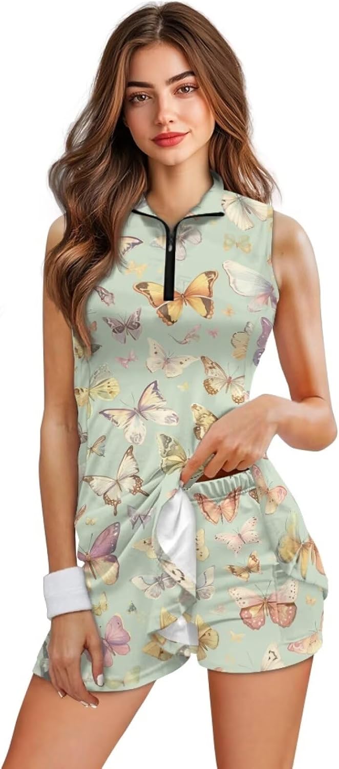 Womens 2Pcs Tennis Golf Dress,Sleeveless Sports Wear Dresses for Women with Pocket Separate Shorts with Pockets