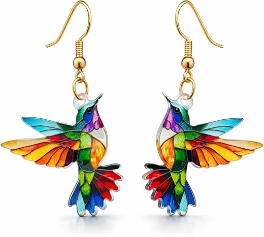 Madalasa Multicolor Hummingbird Acrylic Drop Earrings for Women | 2D Hand-Painted Bird Dangle Earrings | Lightweight Artis...