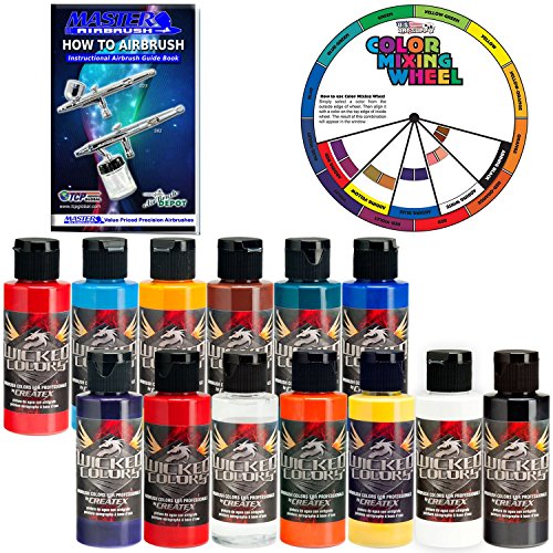 Createx Top 12 Wicked Airbrush Paint Colors and Reducer with The Master How to Airbrush Book and Color Wheel