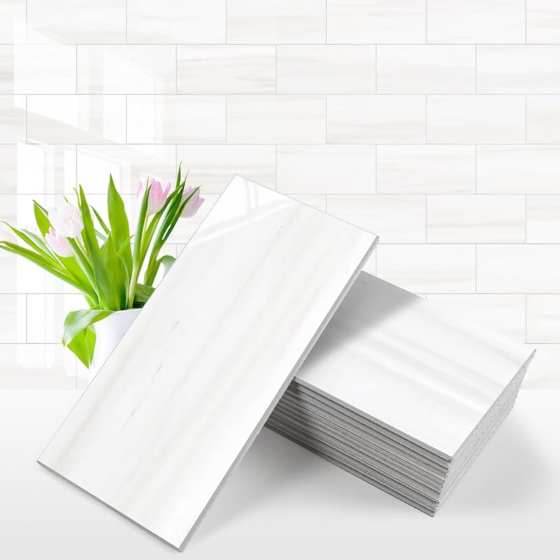 Vamos Tile 100-Piece Glossy Dolomite White Peel and Stick Backsplash Tile,3''x6'' PVC Subway Tile with White Grout, Stick on Backsplash for Kitchen/Bathroom/Fireplace