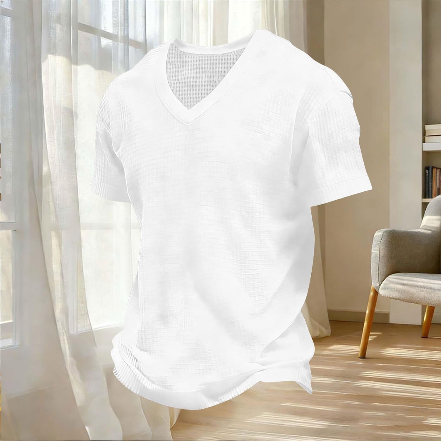 Men's T Shirts Short Sleeve Soft V Neck Lightweight Tee Shirts Casual Summer Basic Tops Waffle Knit Basic Tops