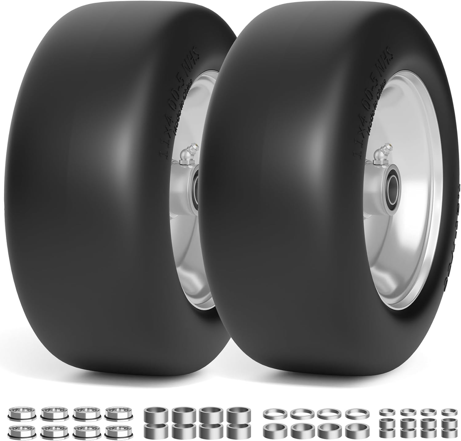 11x4.00-5 Lawn Mower Tires Flat Free and Wheel, 11x4-5 Solid Front Tires for Zero Turn Mower, 350Lbs Load, 3/4", 5/8" and 1/2" Bearings, 3.4"-5.8" Hub for Residential Commercial, 2Pack Gray