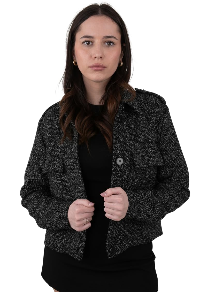 Chaqueta de Tweed para mujer, cierre de botones, bolsillos delanteros, detalles de hombro