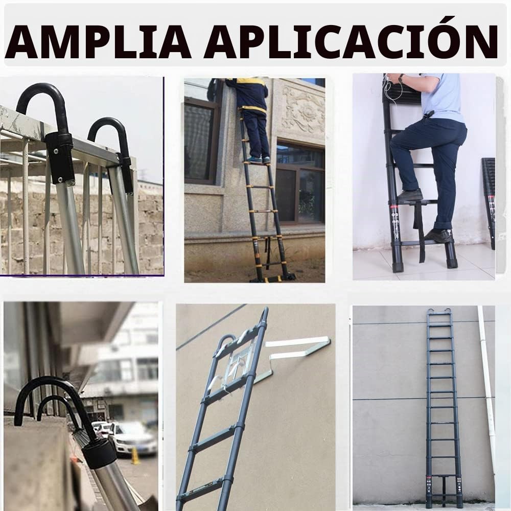 Escalera telescópica de aluminio de 3,2 m con 2 ganchos, antideslizante, con 11 peldaños, para exteriores e interiores, 150 kg, color negro