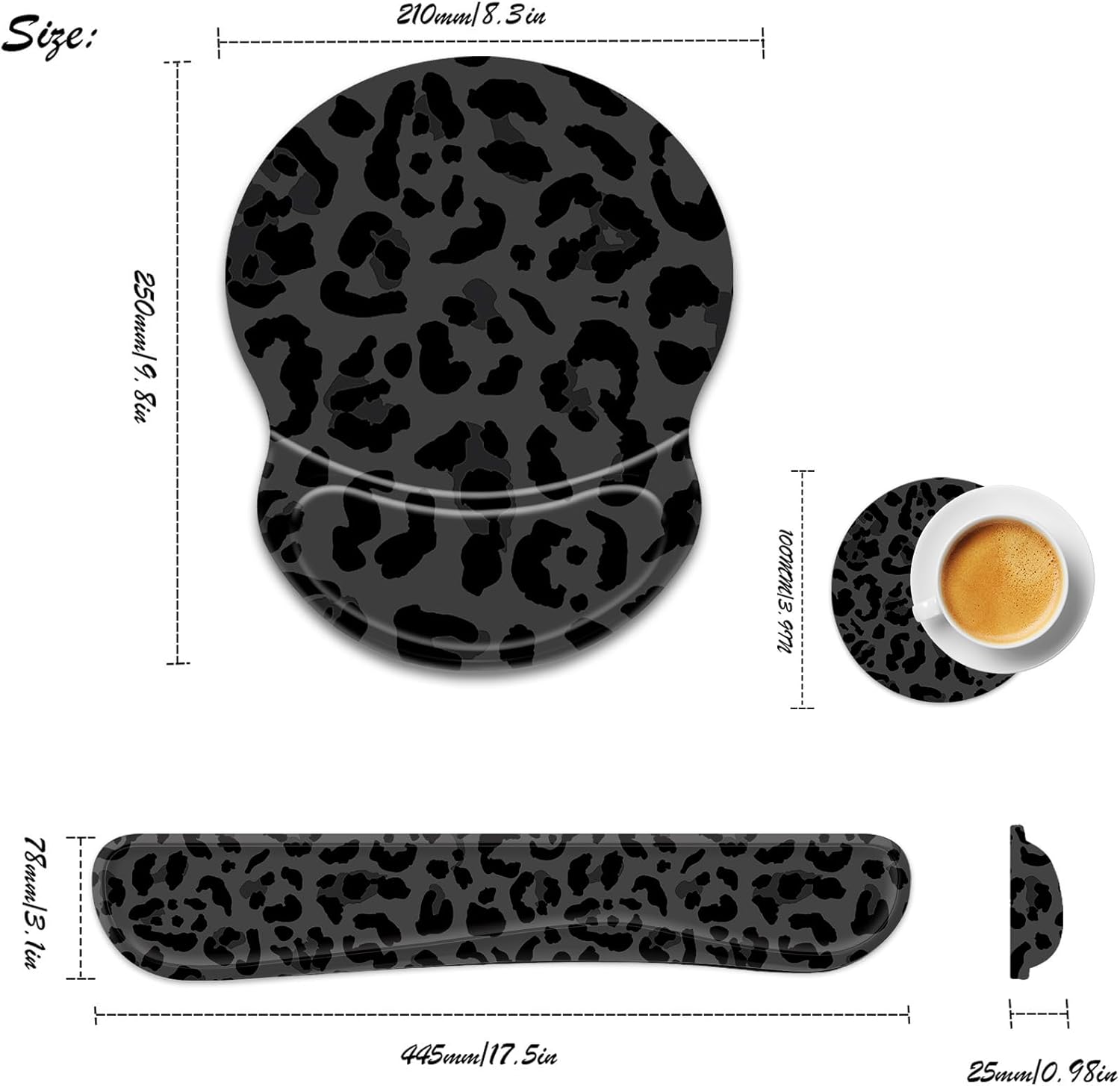 Ergonomic Gel Mouse Wrist Rest Pad and Keyboard Pad Set,Anti-Slip PU Bottom Easy Typing and Relieve Wrist Pain with Cute Coaster Set (3-Black Leopard Print)