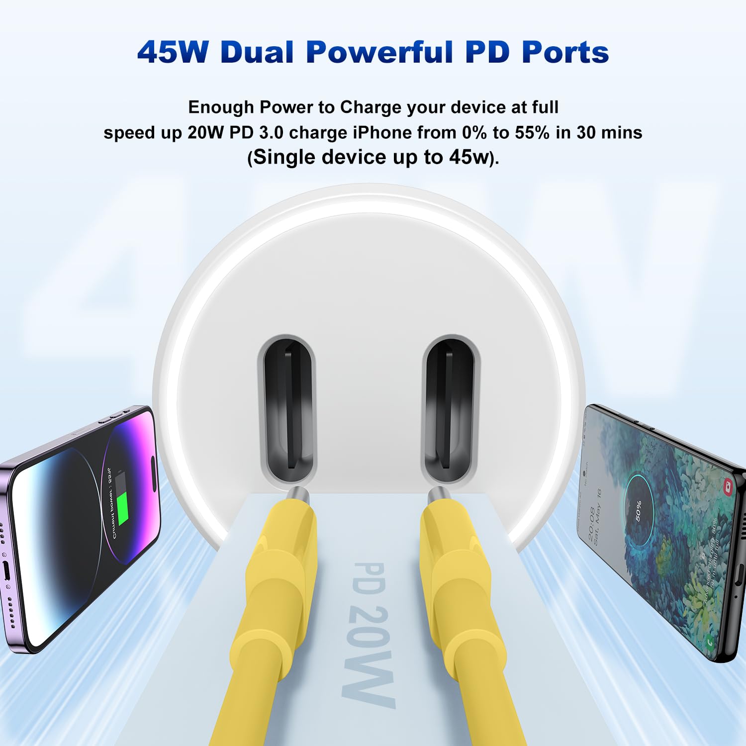 iPhone 14 13 Car Charger, Certified 45W Dual Port USB C Rapid Apple Car Adapter with 6ft Type C to Lightning Cable Fast Charging for iPhone 14 Pro/14 Pro Max/14 Plus/13/12/11/X/XS/SE,iPad-Yellow