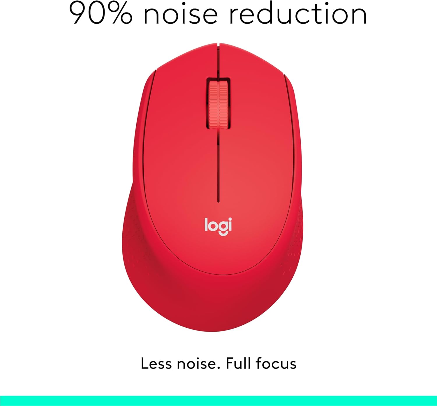 Logitech M331 mouse with text '90% noise reduction' and 'Less noise. Full focus.'