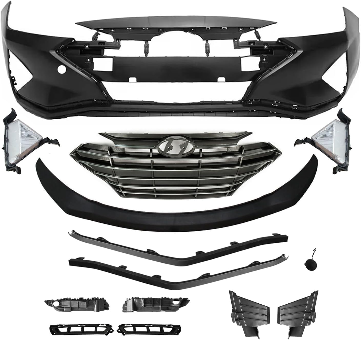 Front Bumper Sets W/Fog Lamp & Complete Grille Kit Compatible With Hy-undai El-antra 2019-2020 (Korea Build)