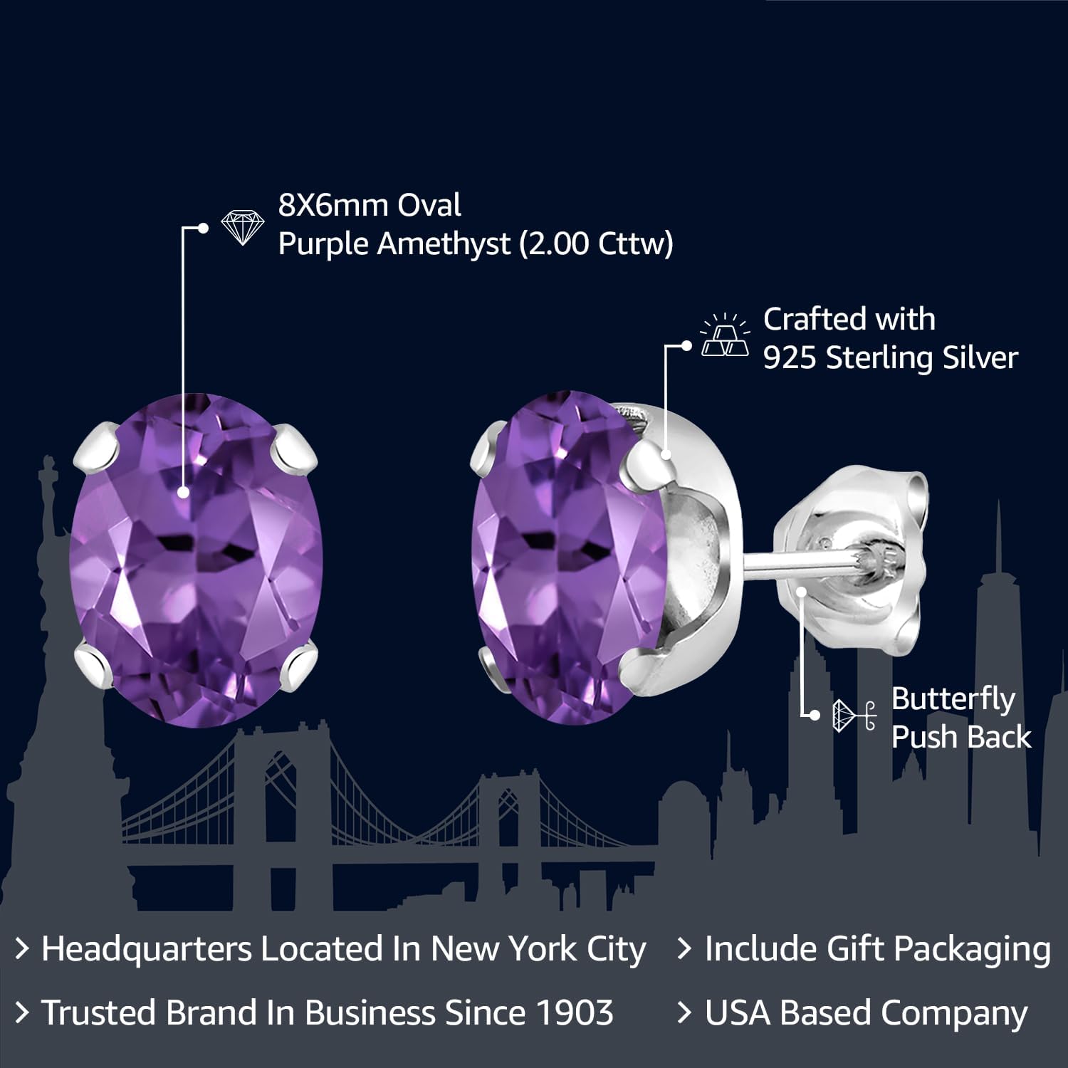 Gem Stone King Oval Stud Earrings for Women Men | 925 Sterling Silver | Gemstone Birthstone | Oval 8X6MM | Fine Jewelry for Her Him Mom Dad Wife