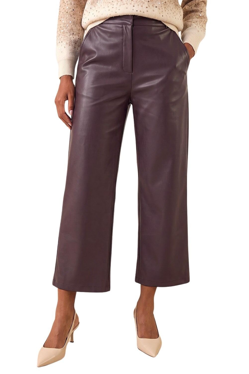Roman Originals Faux Leather Wide Leg Crop Trousers for Women UK - Ladies Everyday Autumn Winter Comfy Soft Evening Vacation Work Party Night Out