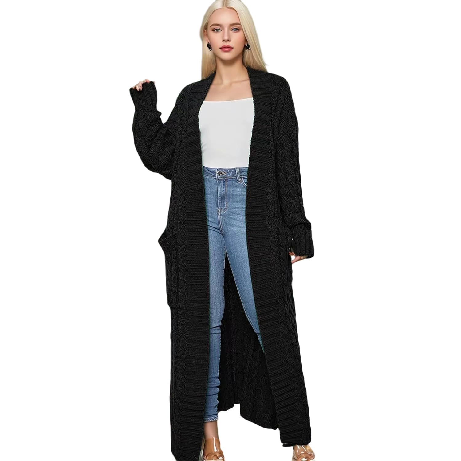 Open Front Maxi Cardigan Sweaters for Women Fall Long Sleeve Chunky Cable Knit Long Cardigans with Pockets