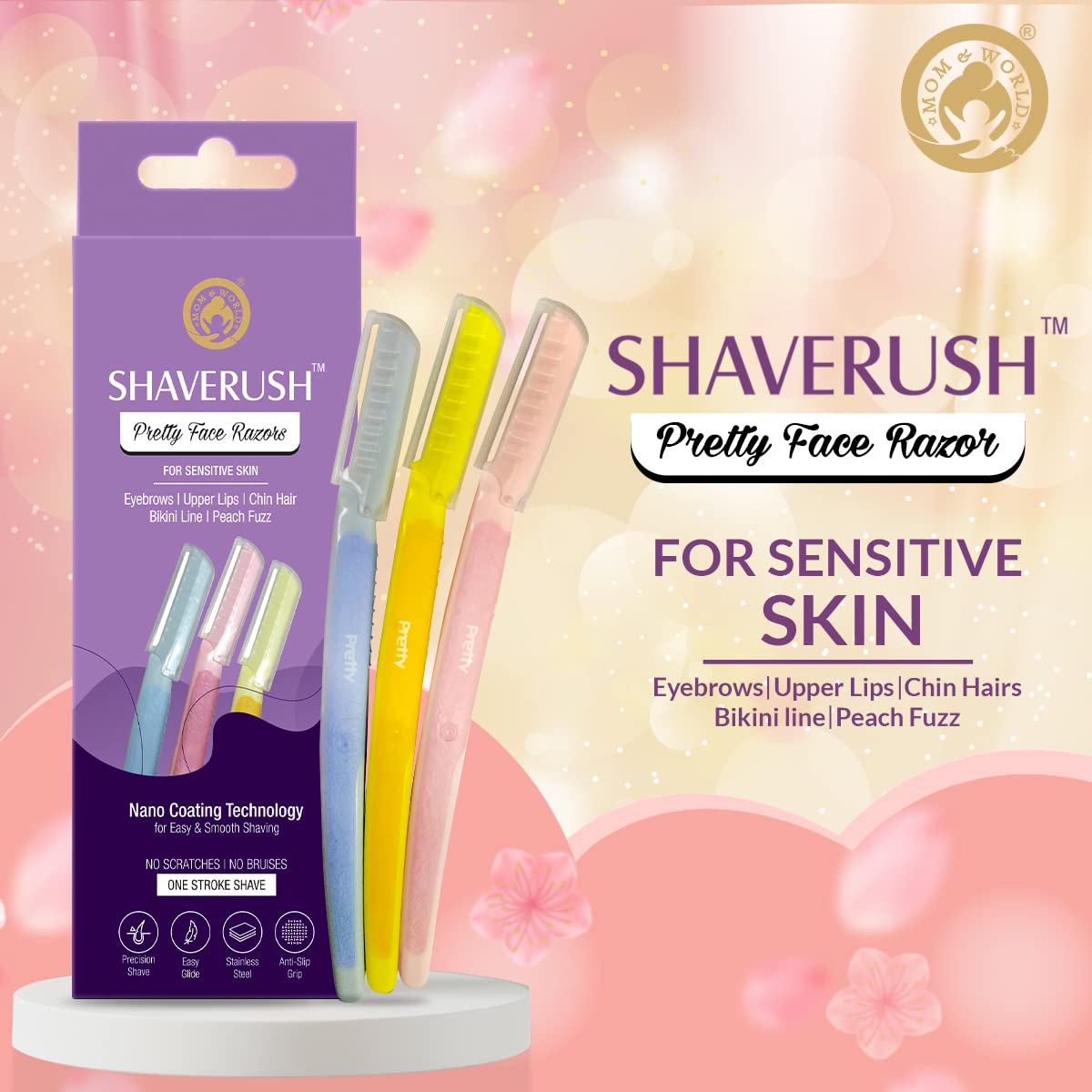 Mom & World ShaveRush Women Pretty Face Razors For Ultra Sensitive Skin with Nano Coating Technology, 5 IN 1 - Eyebrows, Upper Lip, Chin, Bikini Line, Peach Fuzz - Pack of 3