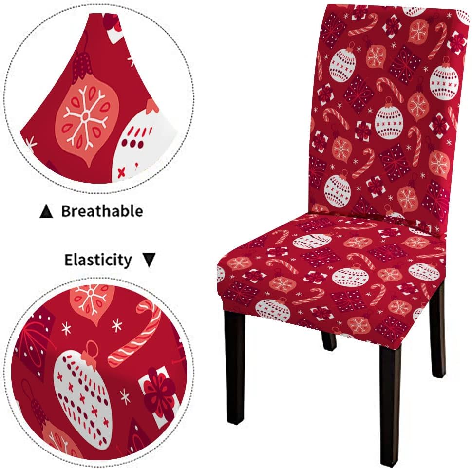 EMMTEEY Christmas Chair Cover Living Room Chair Cover Ball Bauble Candy Snowflake on Red Background Dining Chair Covers Set of 4 for Bedroom Office Dorm Party Restaurants