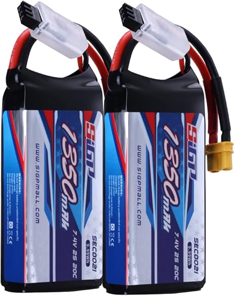 2 Batteries LiPo 6S 22,2V 1100mAh 120C Avec Fiche XT60 - Pour Drone FPV, Hélicoptère RC, Avion - Dimensions 77x35x42 Mm