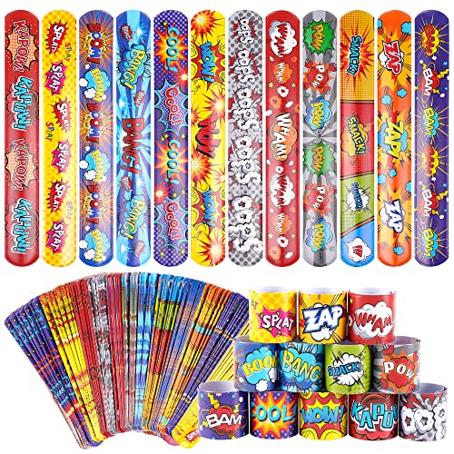 Kolewo4Ever 144 Pieces Superhero Text Slap Bracelet Superhero Text Wristbands Hero Party Favors Slap Bracelets For Kids Boys Girls Snap Bracelets Hero Party Supplies #TOP30