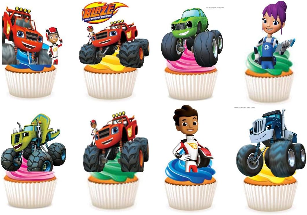 30 x Blaze and Machines STAND UP Edible Paper Cupcake Toppers Cake Decorations