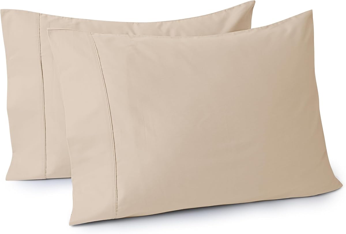 Juego de 2 fundas de almohada 100% algodón egipcio, tamaño estándar | Fundas de almohada refrescantes de 400 hilos, fundas de almohada ultra suaves y transpirables con cierre de sobre, 20 x 26 pulgadas, color beige