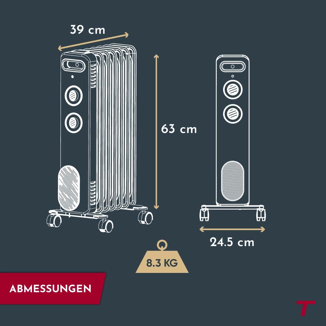 THOMSON - Mobiler Ölradiator CALISTA 2000W weiß, Kippschutz und Überhitzungsschutz, mit einstellbarem Thermostat, leise, mit Rollen