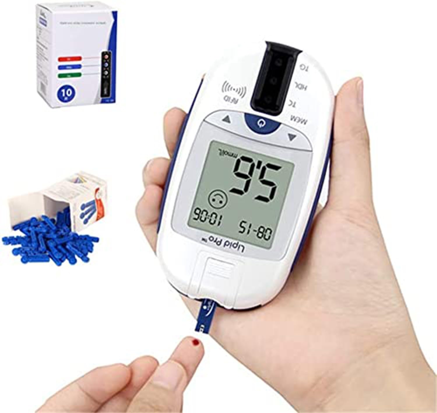 BLUEZY Misuratore di Glucosio nel Sangue 5-in-1 Kit di Test del Colesterolo Analizzatore di Analisi del Sangue Monitor di Emoglobina, misuratore colesterolo e trigliceridi