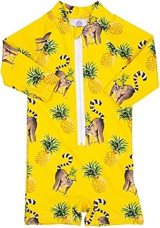 Unisex Long Sleeve Zip Swimmers UPF50+ | Hand-Painted Lemurs Print | Baby & Kids Swimwear | Australian Brand | Size 3-6M Yellow