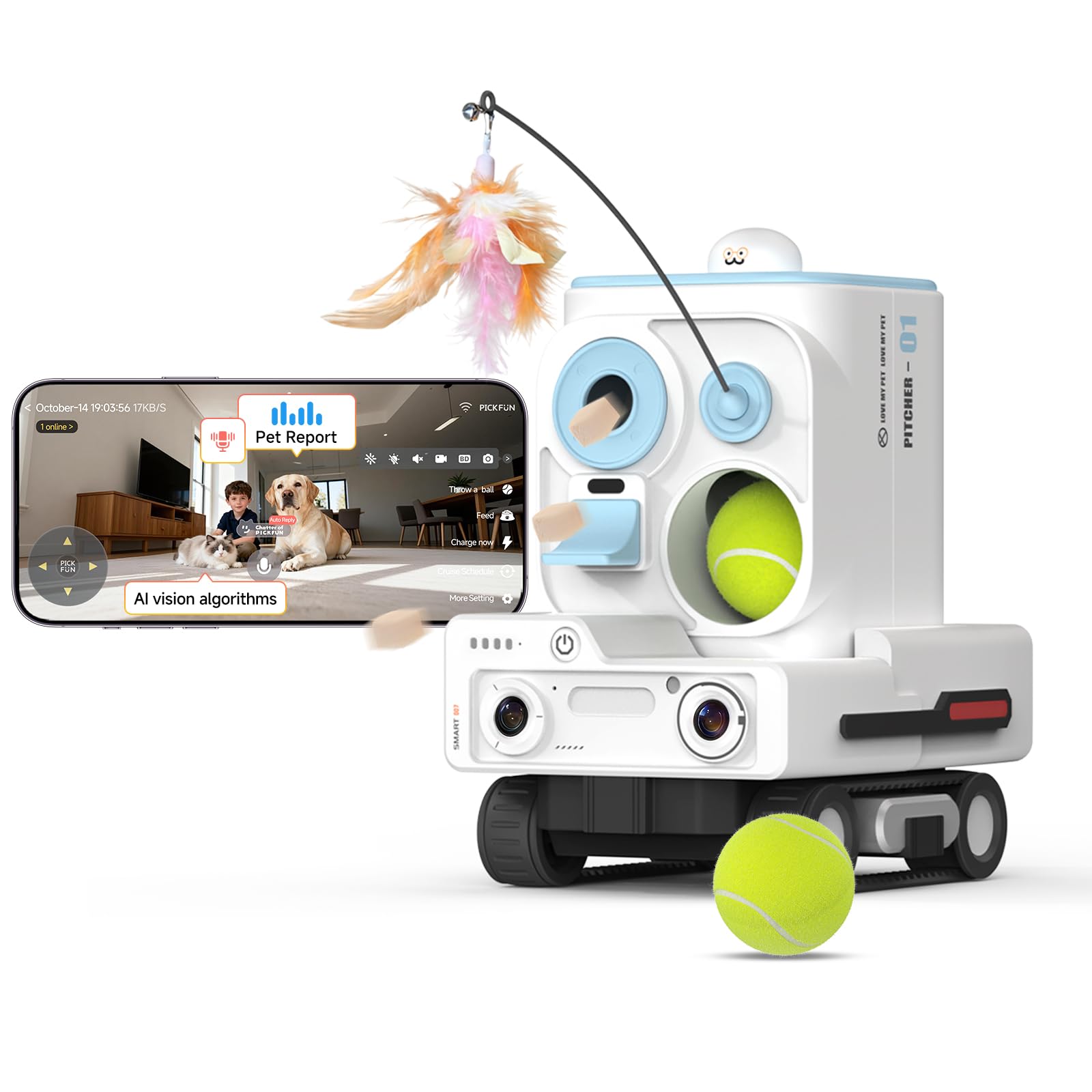 Photo 1 of PICKFUN Pmate AI Pet Camera Robot Companion for Dogs & Cats, Robot Camera with Visual Recognition, Remote Video Interaction, Auto Feeding & Play, Red Light Teaser, Night Vision, Auto Charging, Blue