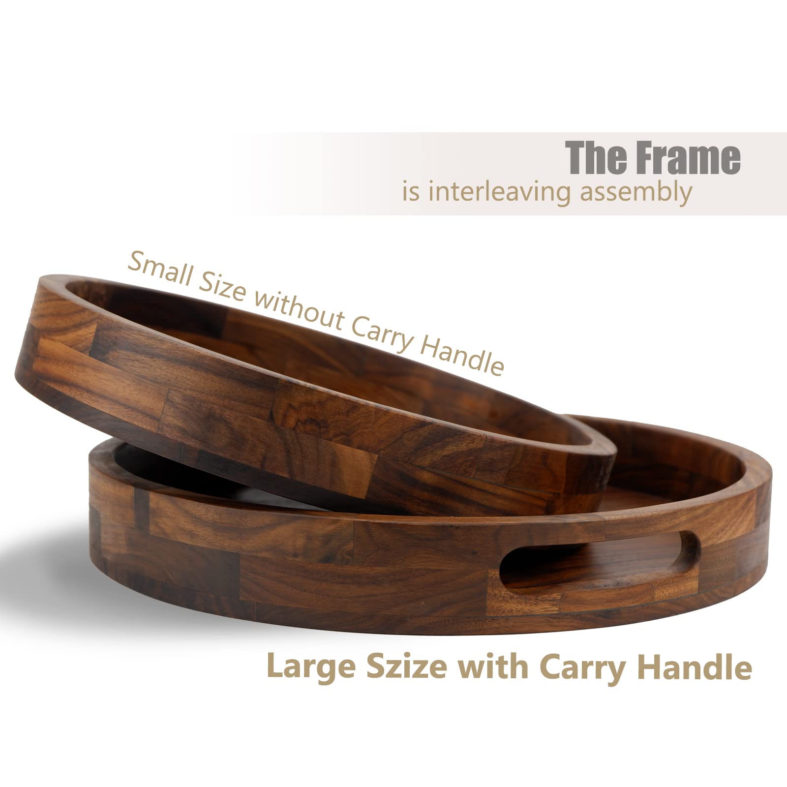 Set mit 2 großen, runden schwarzen Walnussholz-Tabletts mit Griffen, für Tee, Kaffee, klassisches rundes Serviertablett aus Holz, 40,6 und 45,7 cm