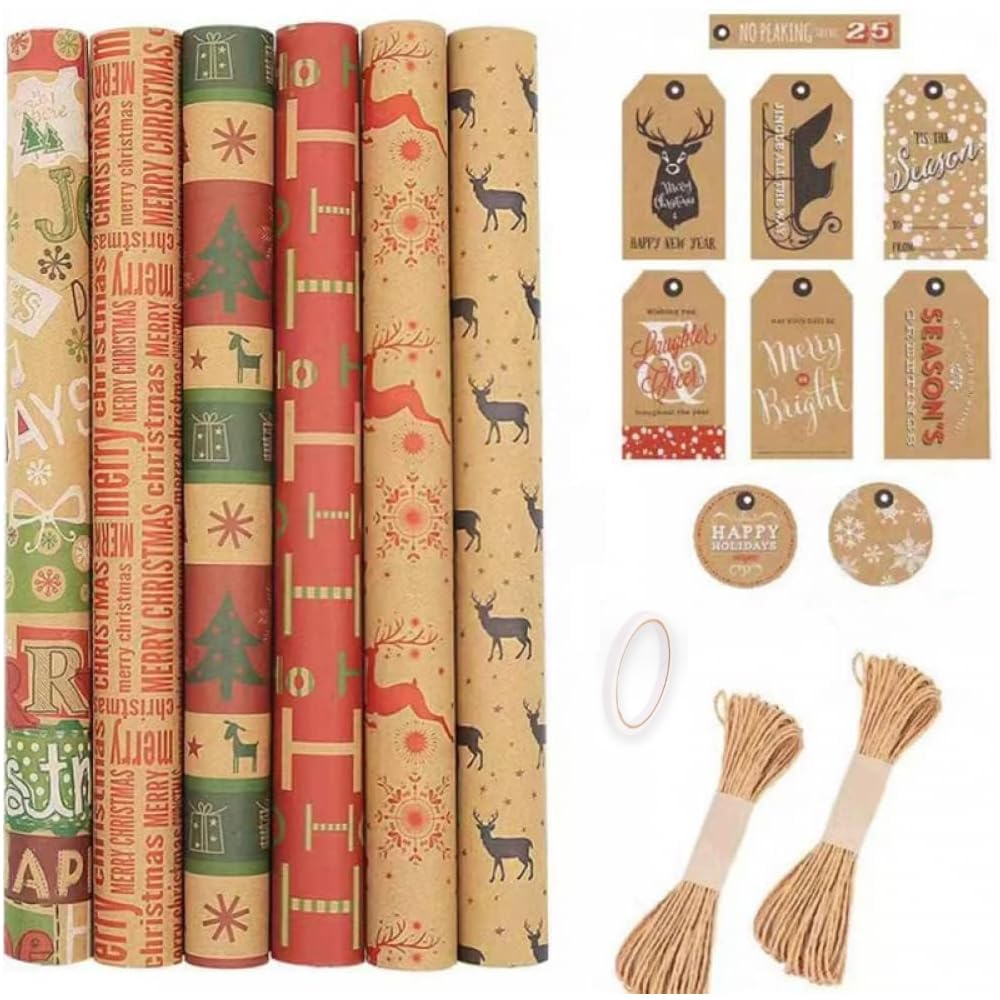Goodern Christmas Wrapping Paper with Tags and String Kraft Paper Gift Wrapping Paper for Christmas Party Decorations Christmas Elements Wrapping Paper for Christmas Holiday DIY Supplies