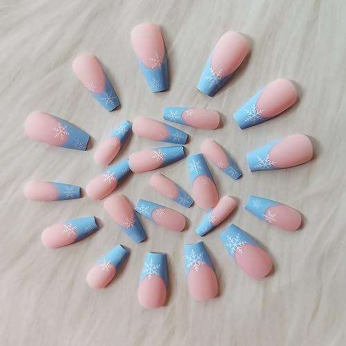 Miniatura 5 de Uñas postizas de Navidad a presión de 24 Pas con punta francesa larga uñas de ataúd de invierno uñas postizas mate con diseño de copo de nieve