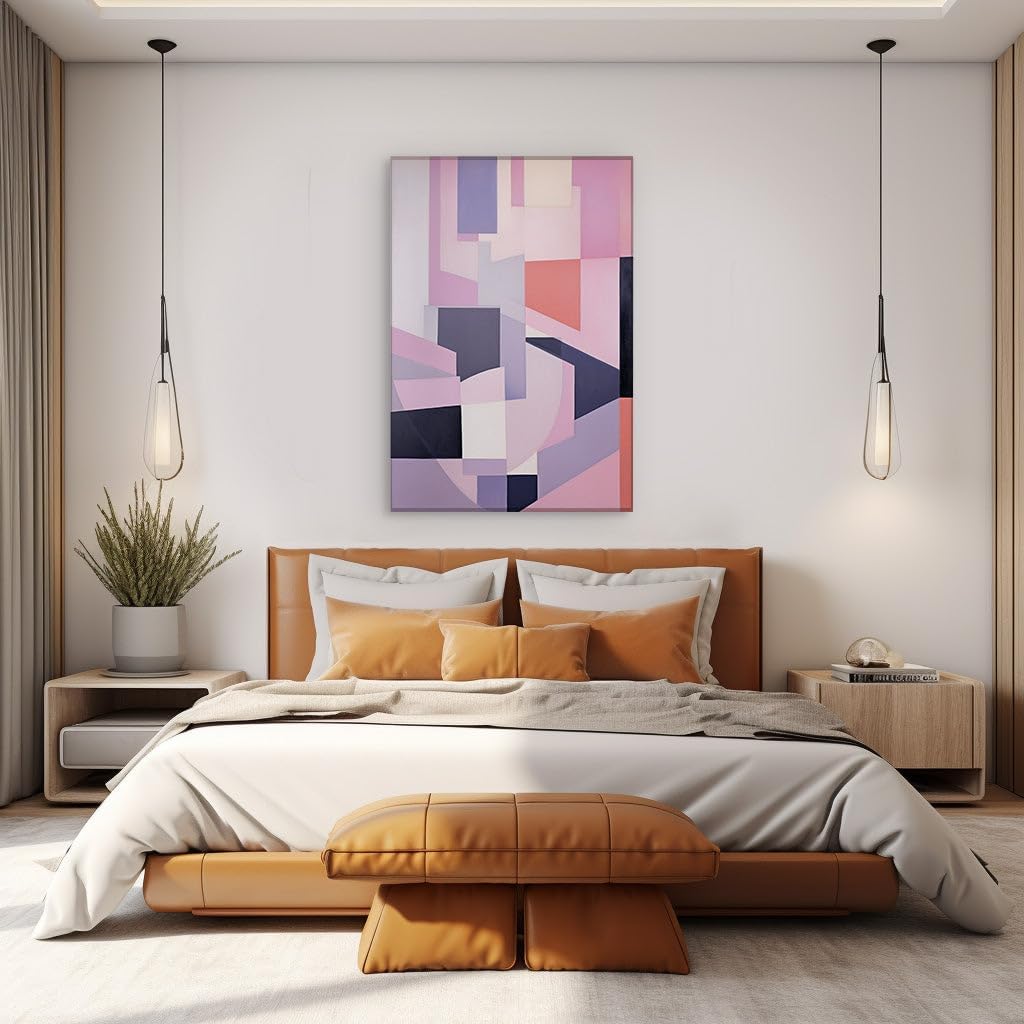 Canvas for Living Room. Geometric Symphony in Pink and Purple: A Dance of Shapes and Shades in Modernist Abstraction, 27 x 18 inch Canvas Wall Art - Ready to Hang