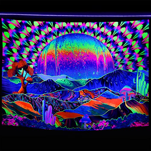 Heopapin Blacklight Tapestry Planet And Mountains Trippy Tapestry Uv Reactive Psychedelic Neon Tapestries Wall Hanging Tapestry For Living Room Dorm Decor W92×H70 #TOP1