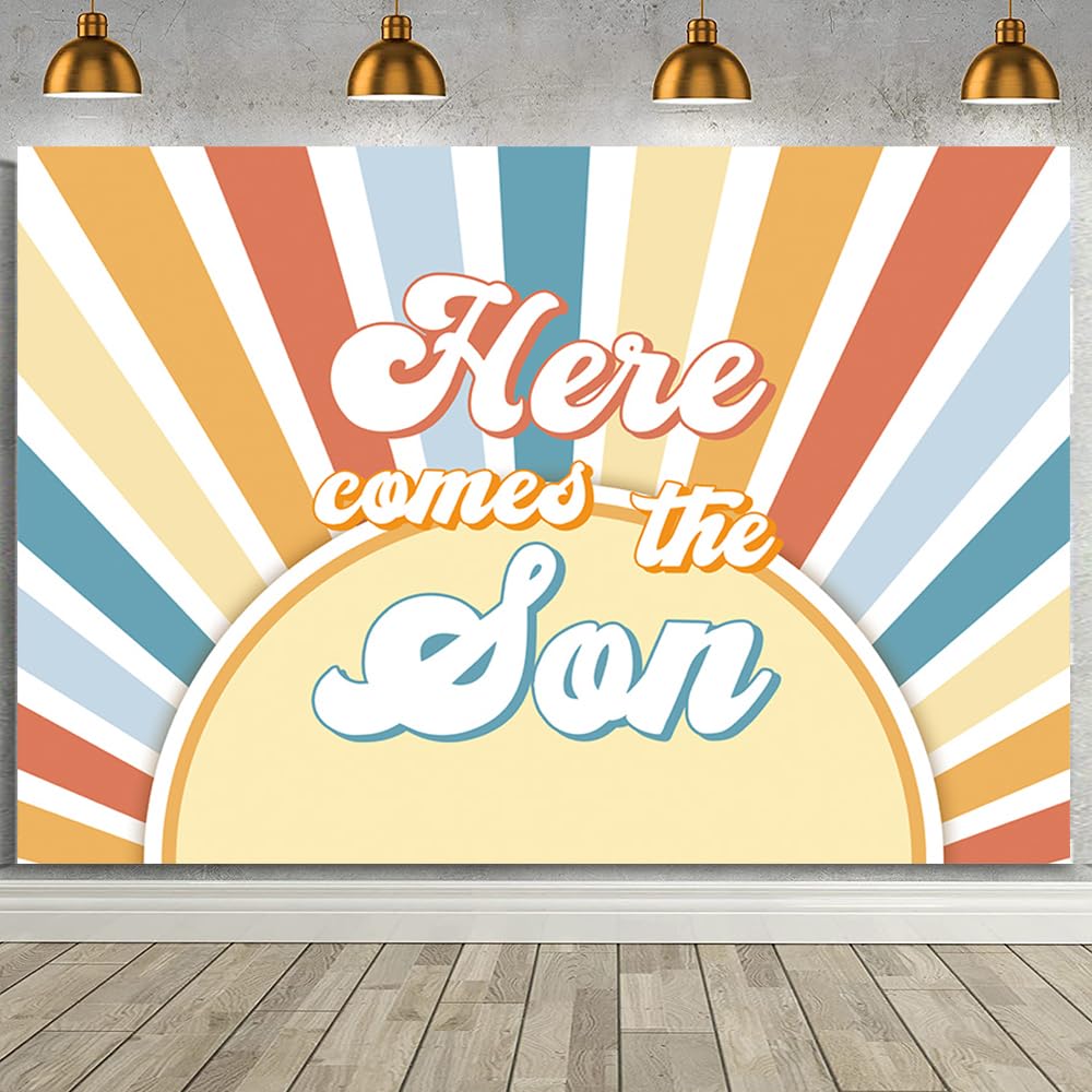 MEHOFOND 7x5ft Here Comes The Son Baby Shower Backdrop Retro Sunshine Baby Shower Party Decorations Background for Boy Boho Sun Retro Muted Sunrise Here Comes The Son Baby Shower Photo Booth Banner
