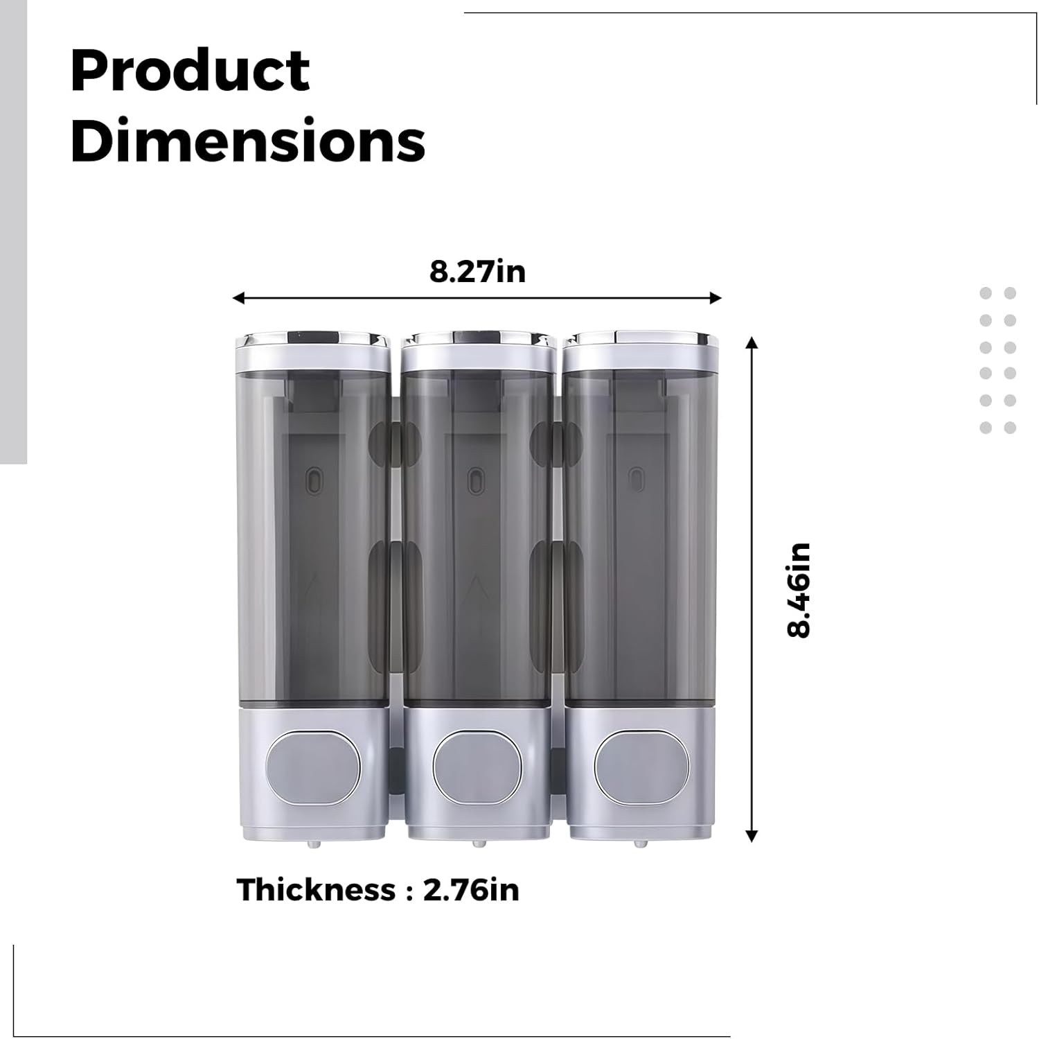 3 Chamber Shower Dispenser Wall Mount No Drill, Silver Pump Press Shampoo and Conditioner Dispenser for Bathroom or Hotel Use, Easy Installation