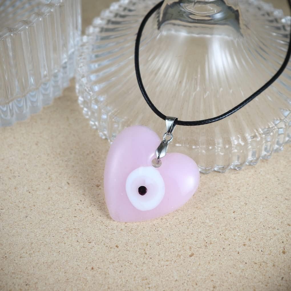 COLORFUL BLING Evil Eye Pendant Necklace Glass Leather Rope Bracelet Chain Turkish Protact Lucky Necklace for Women Men (couple heart evil eye) - Image 4
