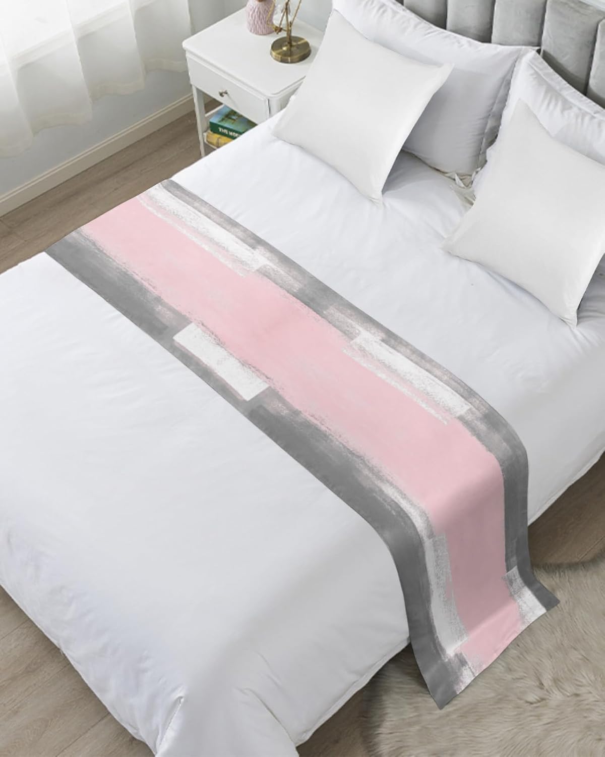DecorLovee Pink Grey Bed Runners for Queen Size Bed