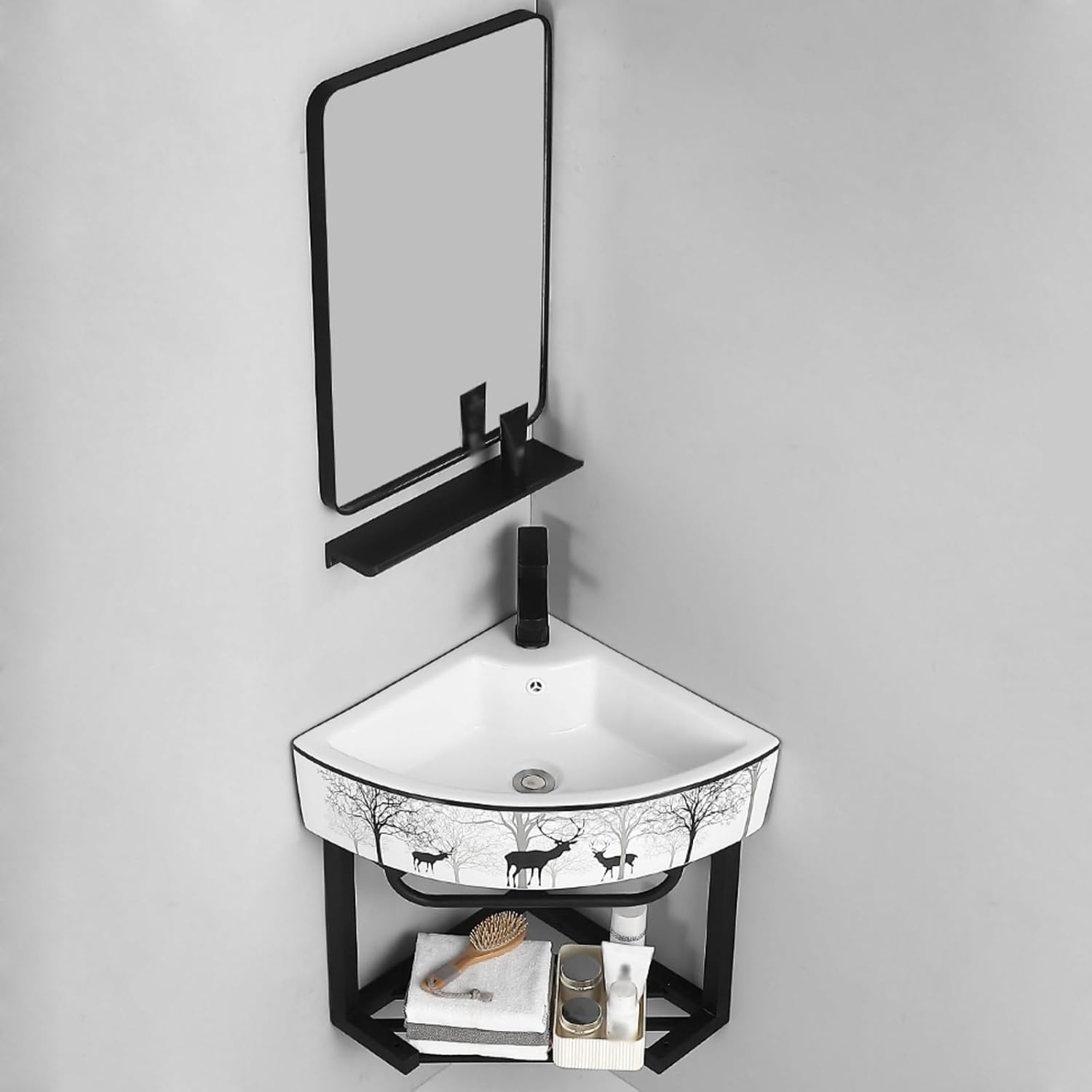 Corner Wall Mount Bathroom Sink, Mounted Sink with Stainless Steel Rack (Color : B, Size Mirror)